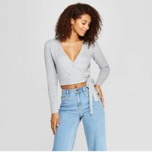 NWT Xhilaration Heather Gray Long Sleeve Hacci Knit Faux Wrap Cozy Top Small